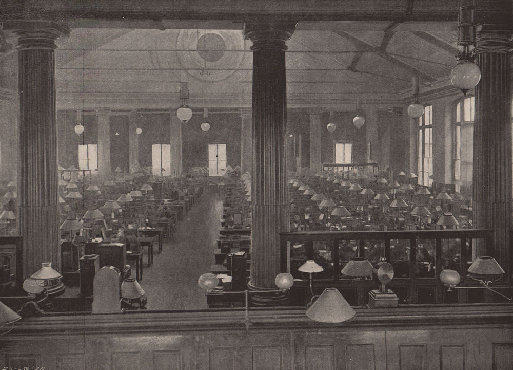 The telegraph instrument galleries, General Post Office. London 1896 old print